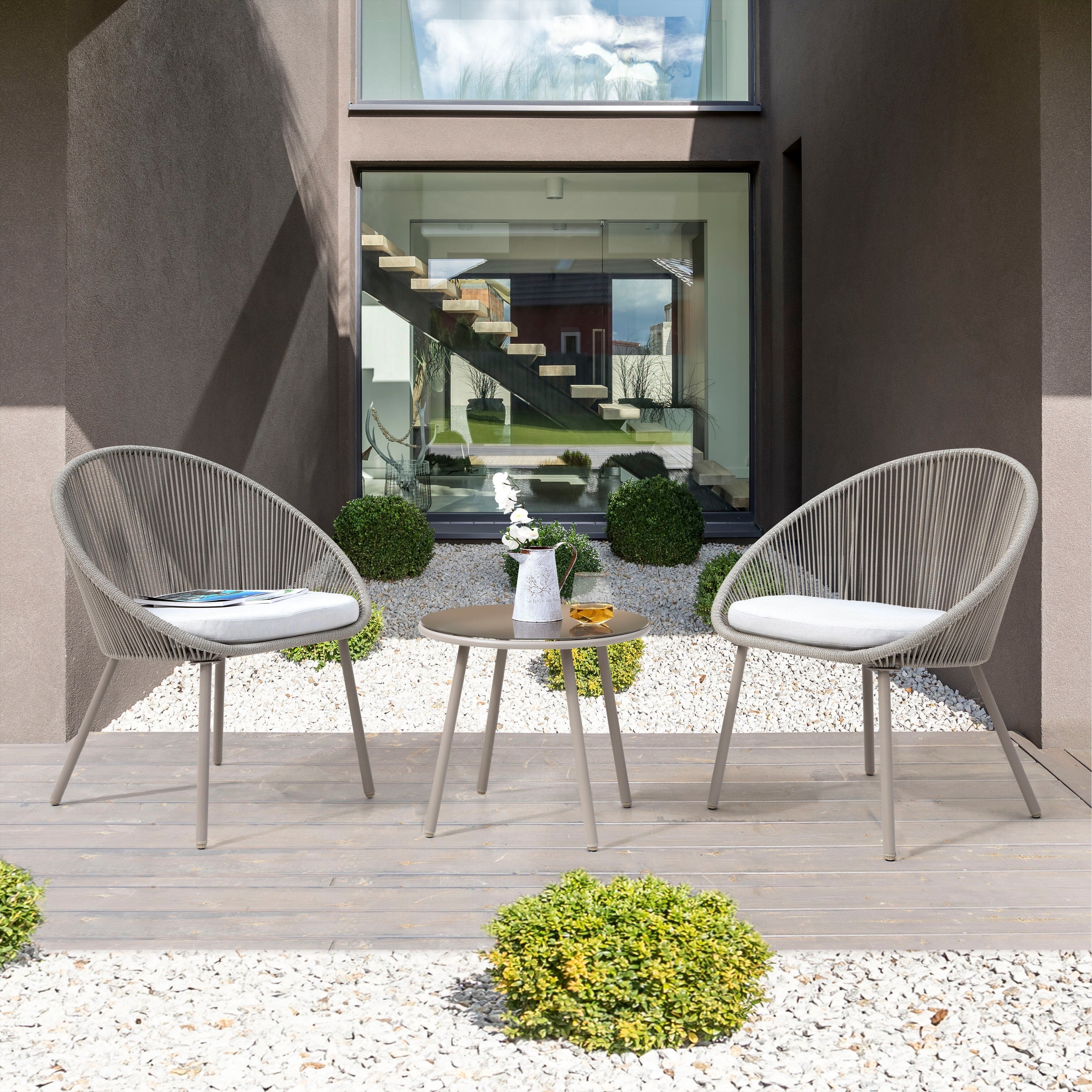 Yawl Outdoor Patio Seating Set 2 Chairs and 1 Table Set (Grey) Braided & Rope
