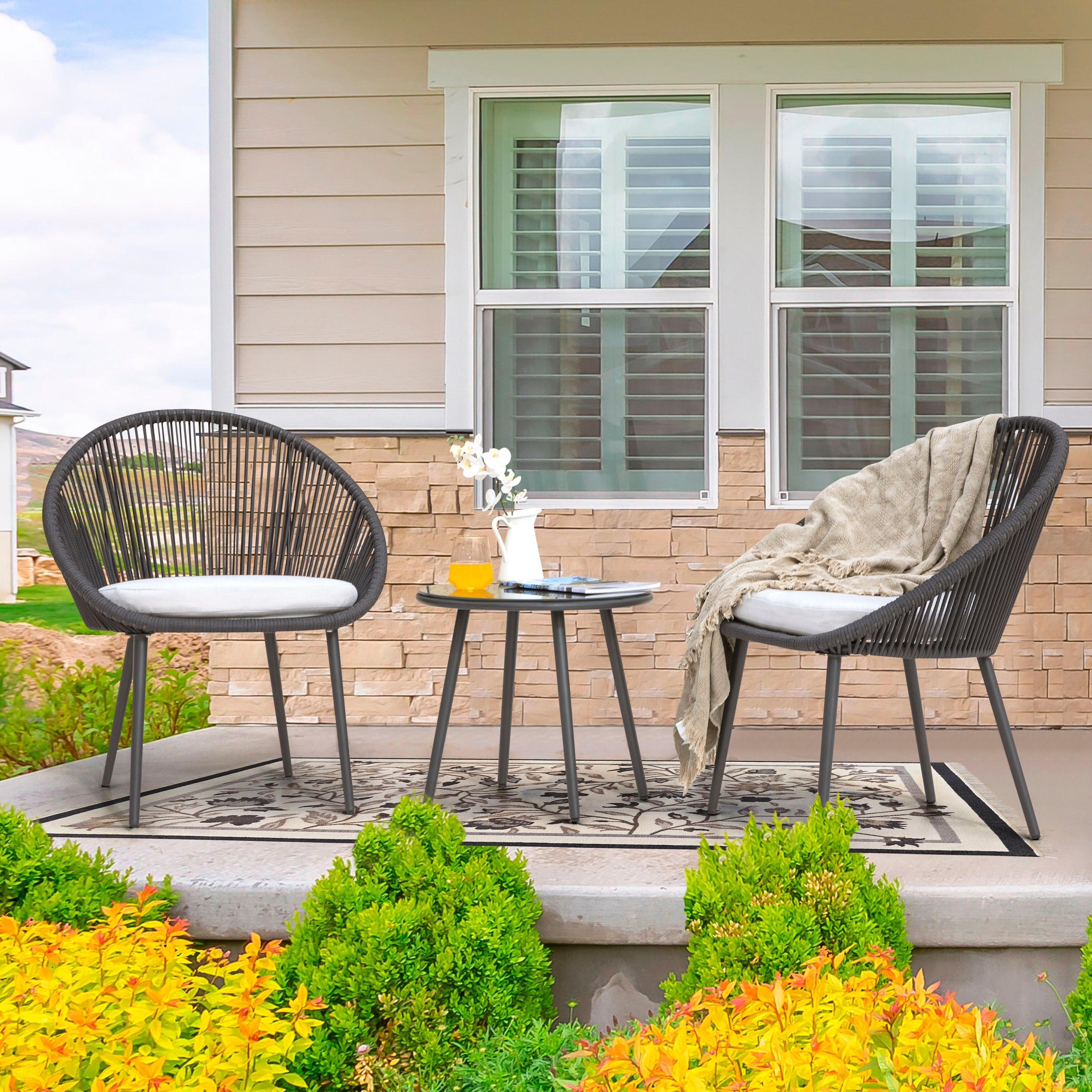 Volta Outdoor Patio Seating Set 2 Chairs and 1 Table Set (Black) Braided & Rope