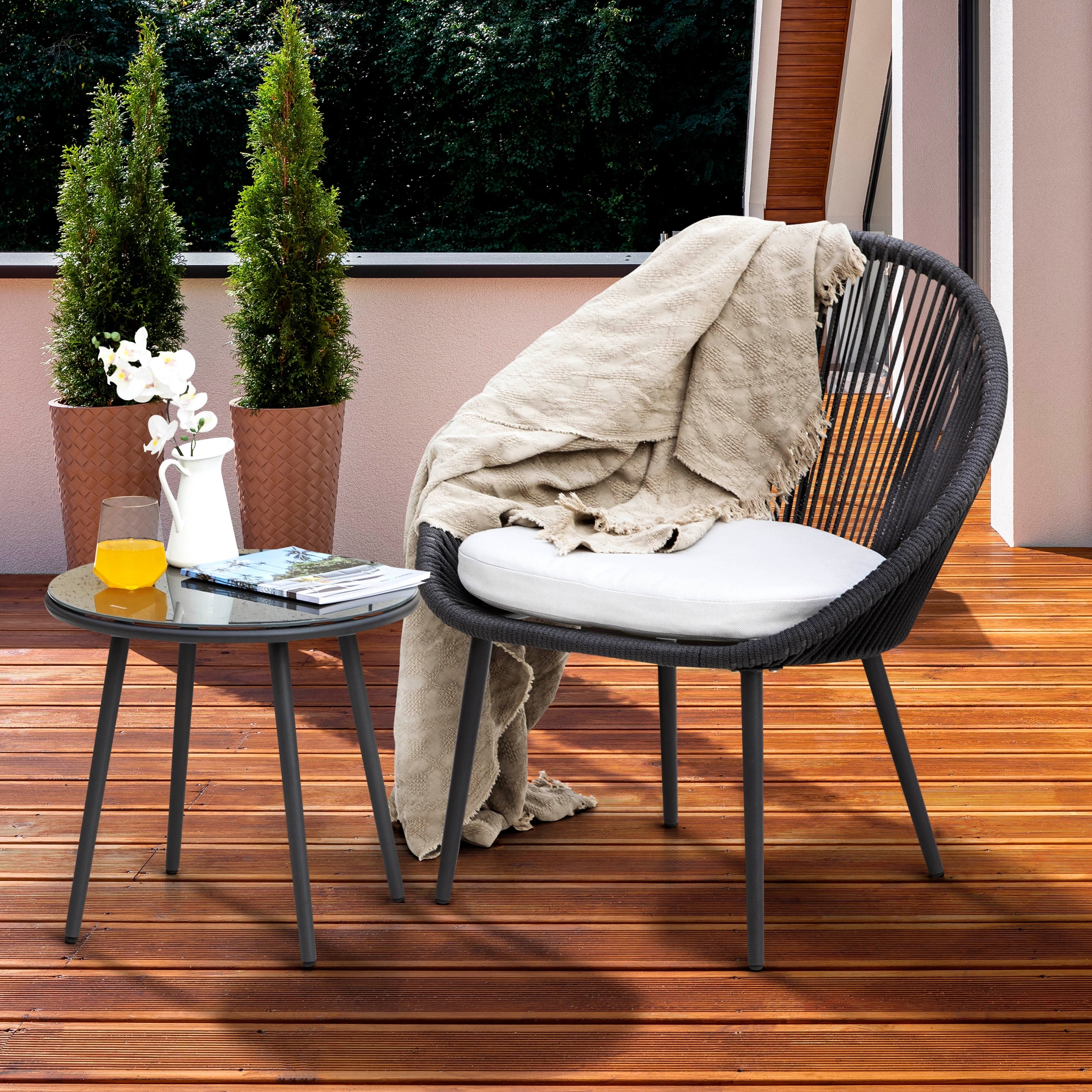 Volta Outdoor Patio Seating Set 2 Chairs and 1 Table Set (Black) Braided & Rope