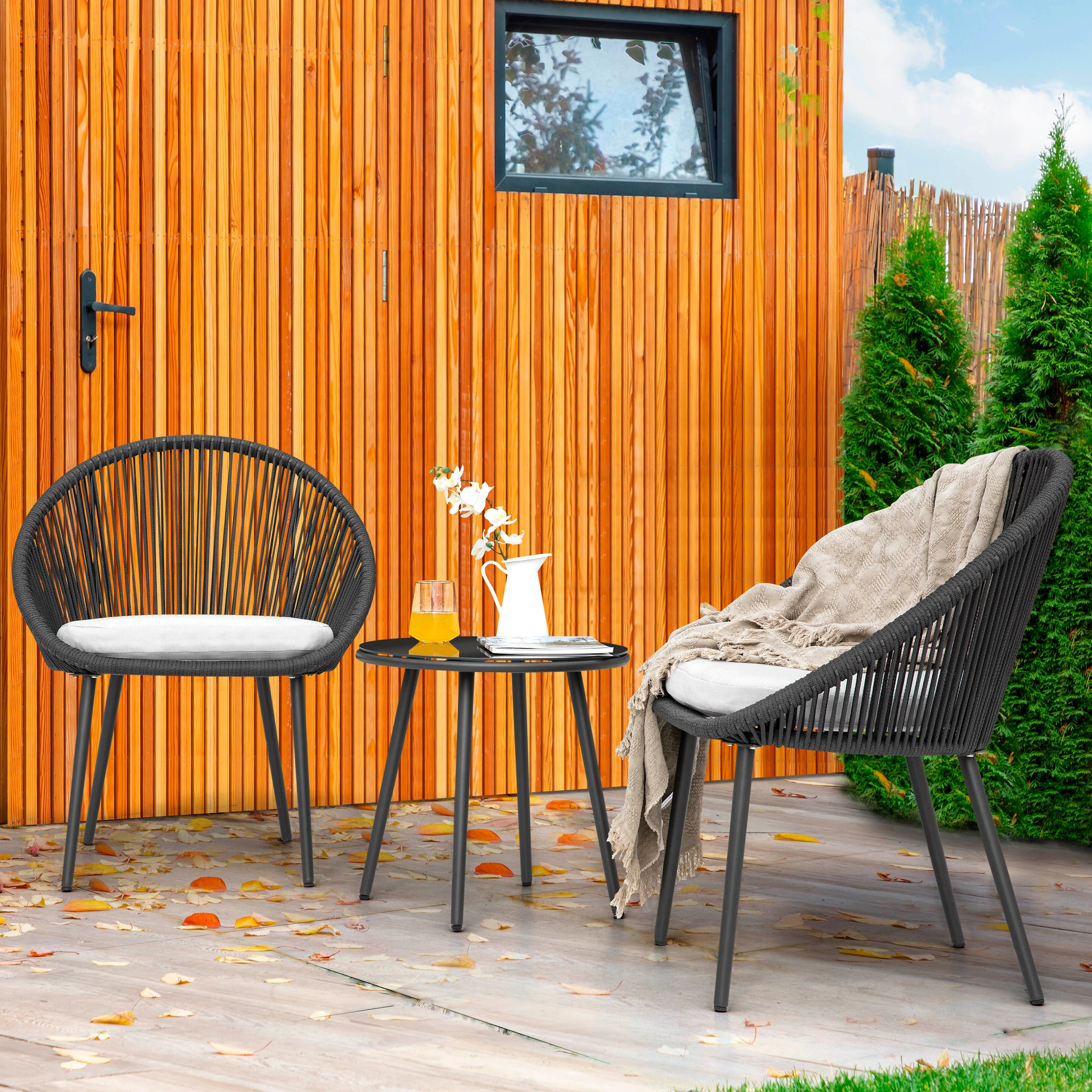 Volta Outdoor Patio Seating Set 2 Chairs and 1 Table Set (Black) Braided & Rope