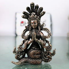 Brass Naga Kanya Idol Silver Coated Sarpa Kanya Nag Devi Murti Serpent Goddess Vigraha Snake Goddess Statue for Home Temple Pooja Decor Vastu Spiritual Gift India, Silver, 3.5 Inch, 1 Piece