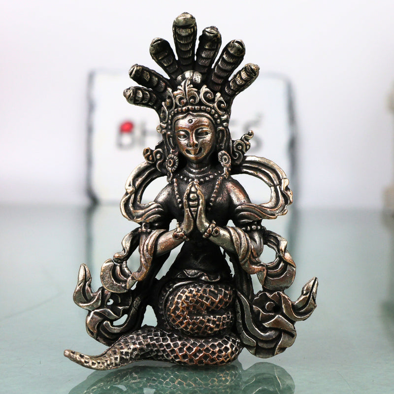 Brass Naga Kanya Idol Silver Coated Sarpa Kanya Nag Devi Murti Serpent Goddess Vigraha Snake Goddess Statue for Home Temple Pooja Decor Vastu Spiritual Gift India, Silver, 3.5 Inch, 1 Piece