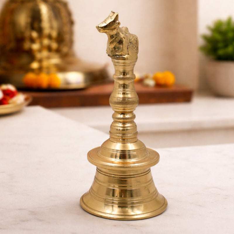 Brass Nandi Bull Bell Ghanti, Basava Vrishabha Nandikeshwara Bail Peetal Pooja Bell, Sacred Cow Cattle Temple Hanging Bell for Home Mandir Decor, Gold, 6.5 Inch, 1 Piece