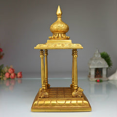 Bhunes Brass Pooja Mandir Temple, Handmade Mandap Peetha Peeta Peetham Chowki for Home, Office, Mandapam, Decor, and Gifting, Gold, 13 Inch, 1 Piece