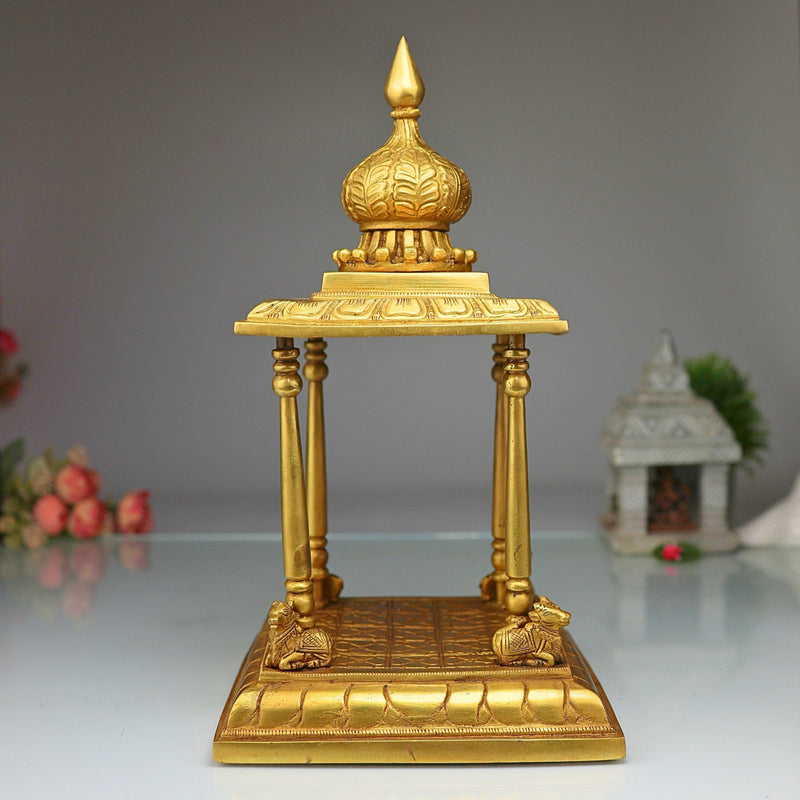 Bhunes Brass Pooja Mandir Temple, Handmade Mandap Peetha Peeta Peetham Chowki for Home, Office, Mandapam, Decor, and Gifting, Gold, 13 Inch, 1 Piece