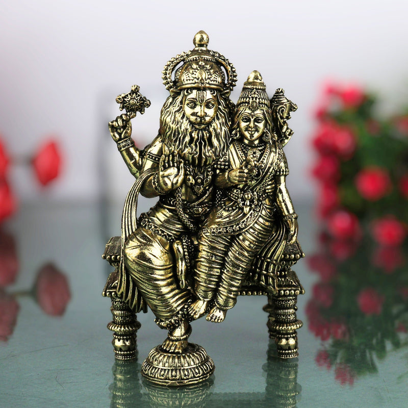 Brass Lakshmi Narasimha Swamy Idol Peetal Lakshmi Nrusimha Vigraha Narasingha Deva Murti Narasimha Perumal Moorthi for Puja Mandir Home Decor Gift, Gold, 4.5 Inch, 1 Piece
