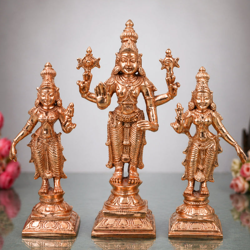 Bronze Lakshmi Narayana Vishnu With Sri Devi and Bhu Devi Idol Set Venkateswara Balaji Perumal Ranganatha Murti for Puja Mandir Home Decor Gift, Gold, 6 Inch, 1 Piece