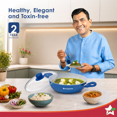 Wonderchef Natura Ceramic Kadhai & Glass Lid for Cooking, 24cm, 2.5L, Non-toxic Chemical-free Coating, PFOA/PFAS-Free, F
