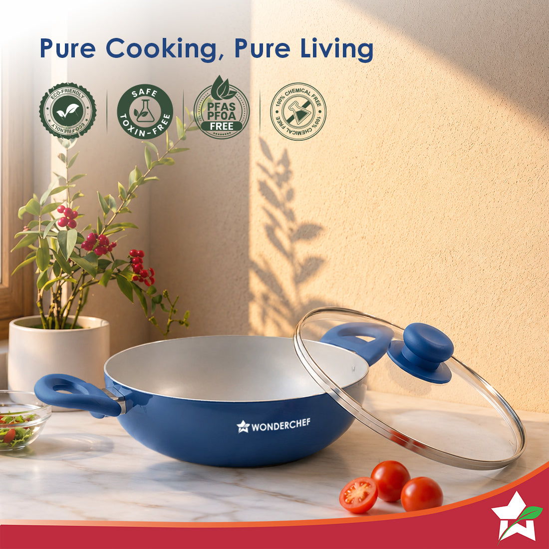 Wonderchef Natura Ceramic Kadhai & Glass Lid for Cooking, 24cm, 2.5L, Non-toxic Chemical-free Coating, PFOA/PFAS-Free, F