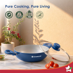 Wonderchef Natura Ceramic Kadhai & Glass Lid for Cooking, 24cm, 2.5L, Non-toxic Chemical-free Coating, PFOA/PFAS-Free, F