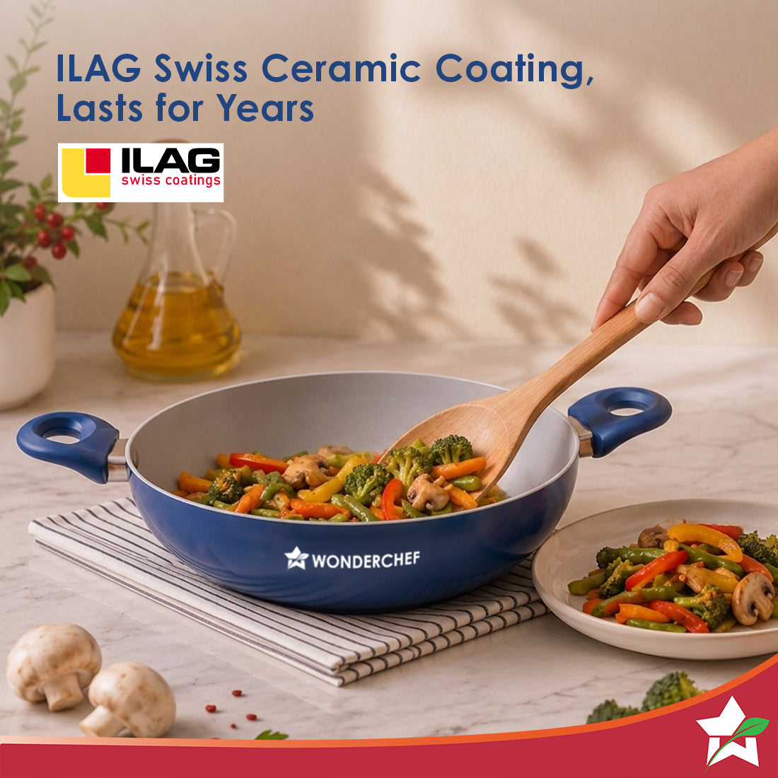 Wonderchef Natura Ceramic Kadhai & Glass Lid for Cooking, 24cm, 2.5L, Non-toxic Chemical-free Coating, PFOA/PFAS-Free, F