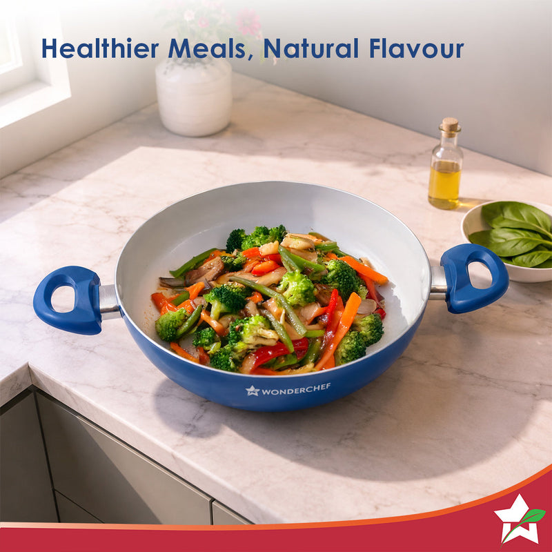 Wonderchef Natura Ceramic Kadhai & Glass Lid for Cooking, 24cm, 2.5L, Non-toxic Chemical-free Coating, PFOA/PFAS-Free, F
