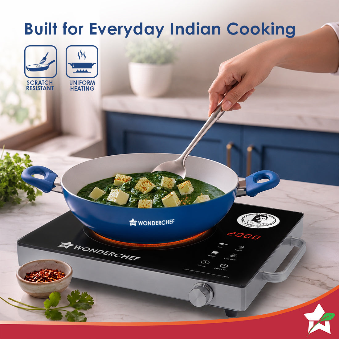 Wonderchef Natura Ceramic Kadhai & Glass Lid for Cooking, 24cm, 2.5L, Non-toxic Chemical-free Coating, PFOA/PFAS-Free, F
