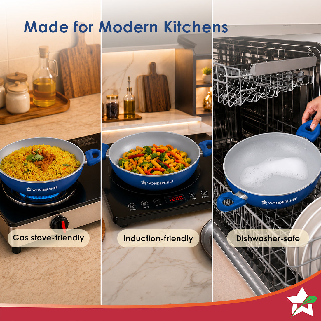 Wonderchef Natura Ceramic Kadhai & Glass Lid for Cooking, 24cm, 2.5L, Non-toxic Chemical-free Coating, PFOA/PFAS-Free, F