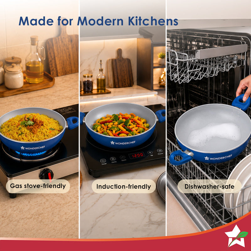 Wonderchef Natura Ceramic Kadhai & Glass Lid for Cooking, 24cm, 2.5L, Non-toxic Chemical-free Coating, PFOA/PFAS-Free, F