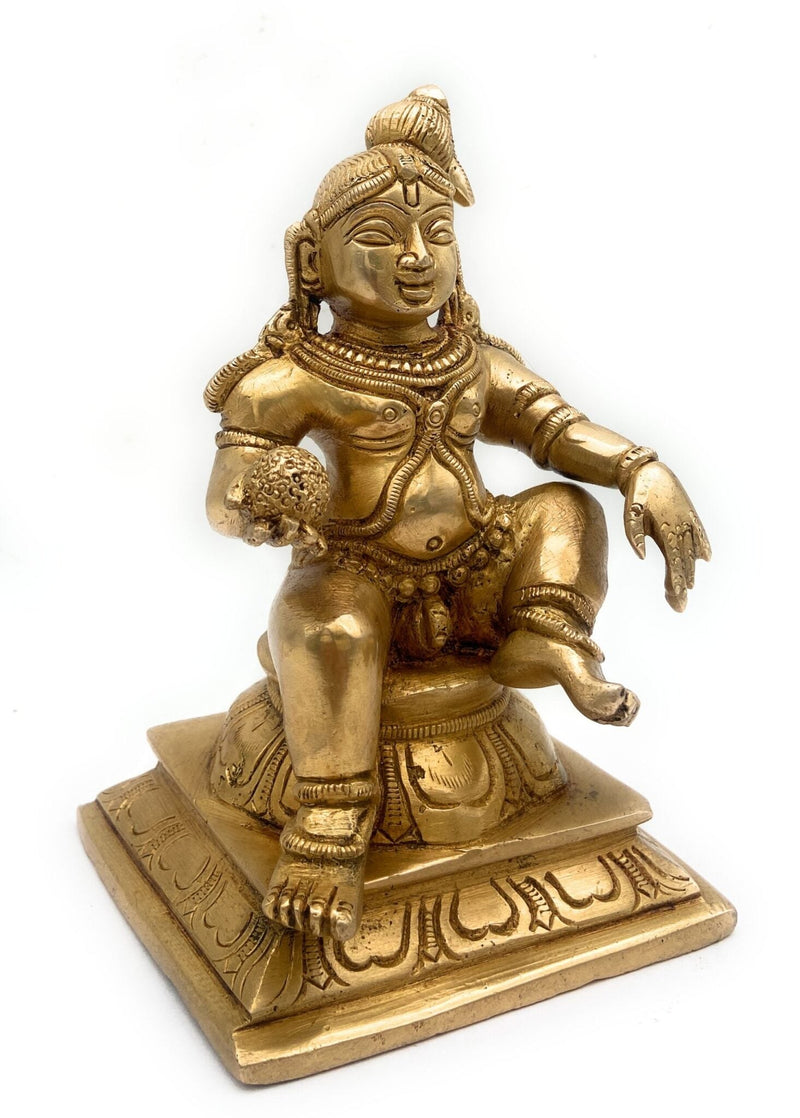 Brass Ladoo Gopal Idol | Bal Krishna Murti | Makhan Chor Navneet Chora Nandalala Statue for Pooja, Temple & Home Decor, Gold, 6.5 Inch, 1 Piece