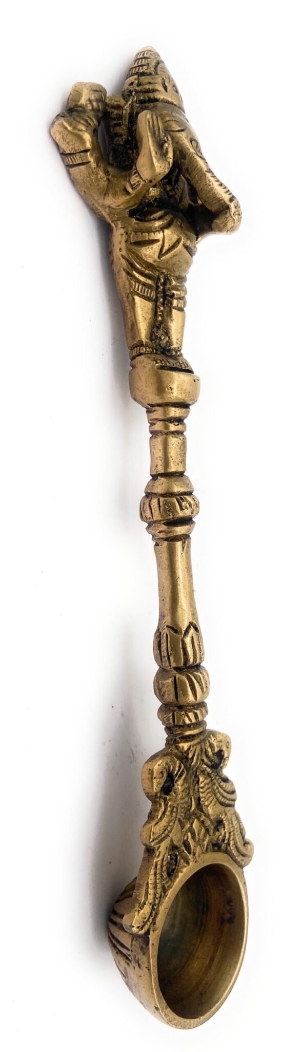 Brass Ganesh Theertha Spoon, Peetal Pital Temple Pooja Ladle, Ganesha Aarti Havan Spoon, Vinayaka Pittal Abhishekam Idol,Gold, 9 Inch, 1 Piece