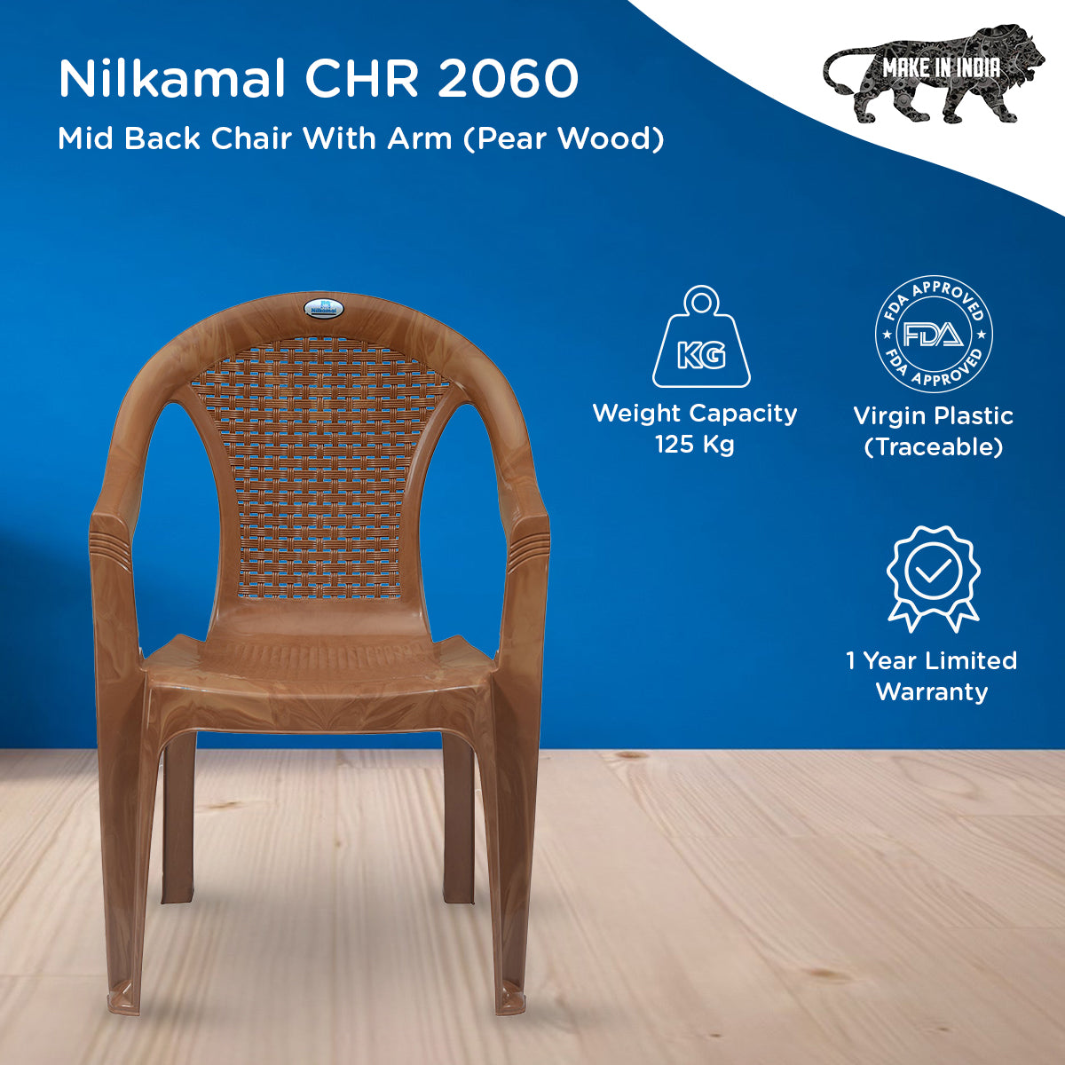 Nilkamal CHR2051 Plastic Arm Chair (Pear Wood)