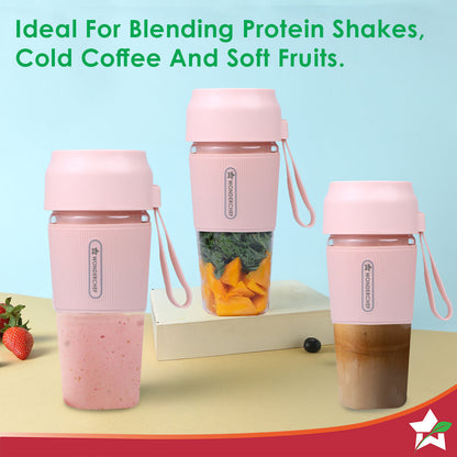 Nutri-Cup Portable Blender | USB Charging | Smoothie maker | SS Blades | Battery Operated Rechargeable Blender | 300ml | Compact Size | Pink