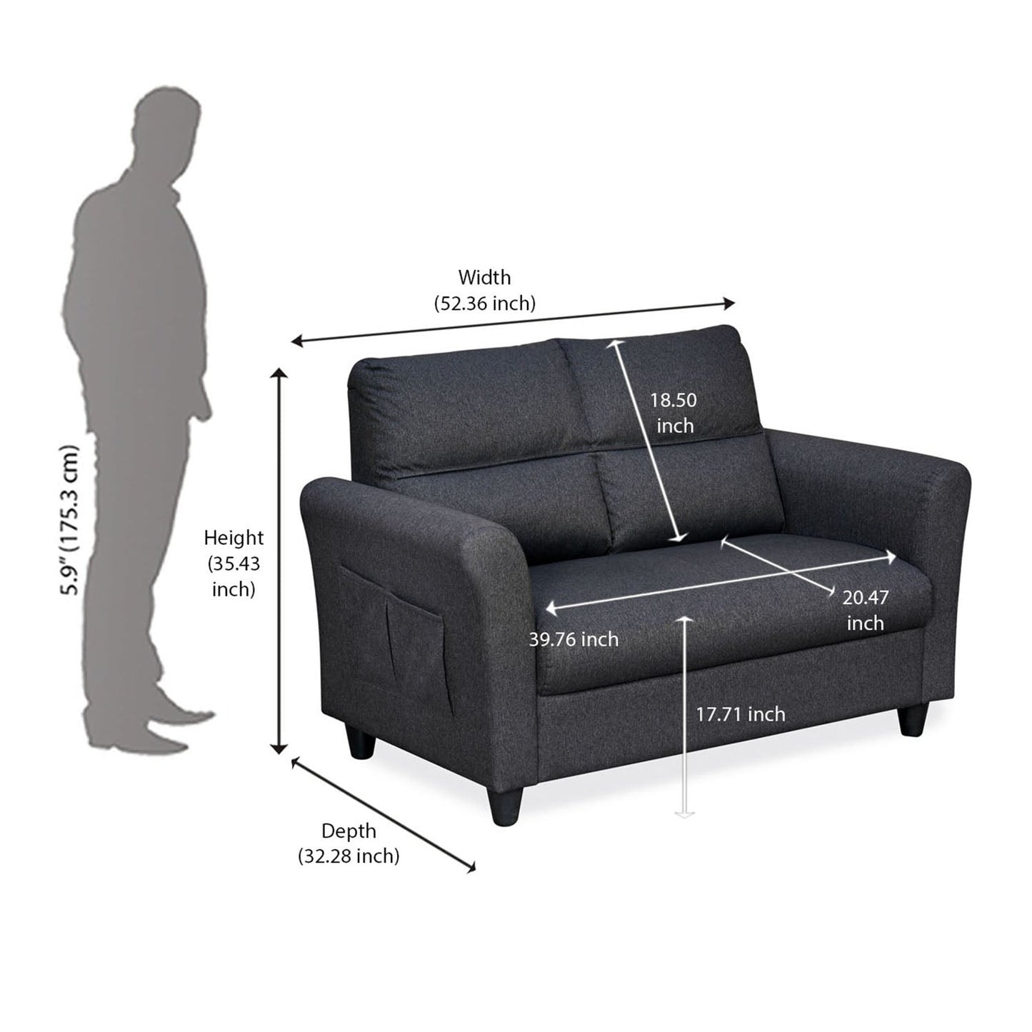 Nilkamal Oliver 2 Seater Fabric Sofa with Side Pocket (Charcoal Brown)