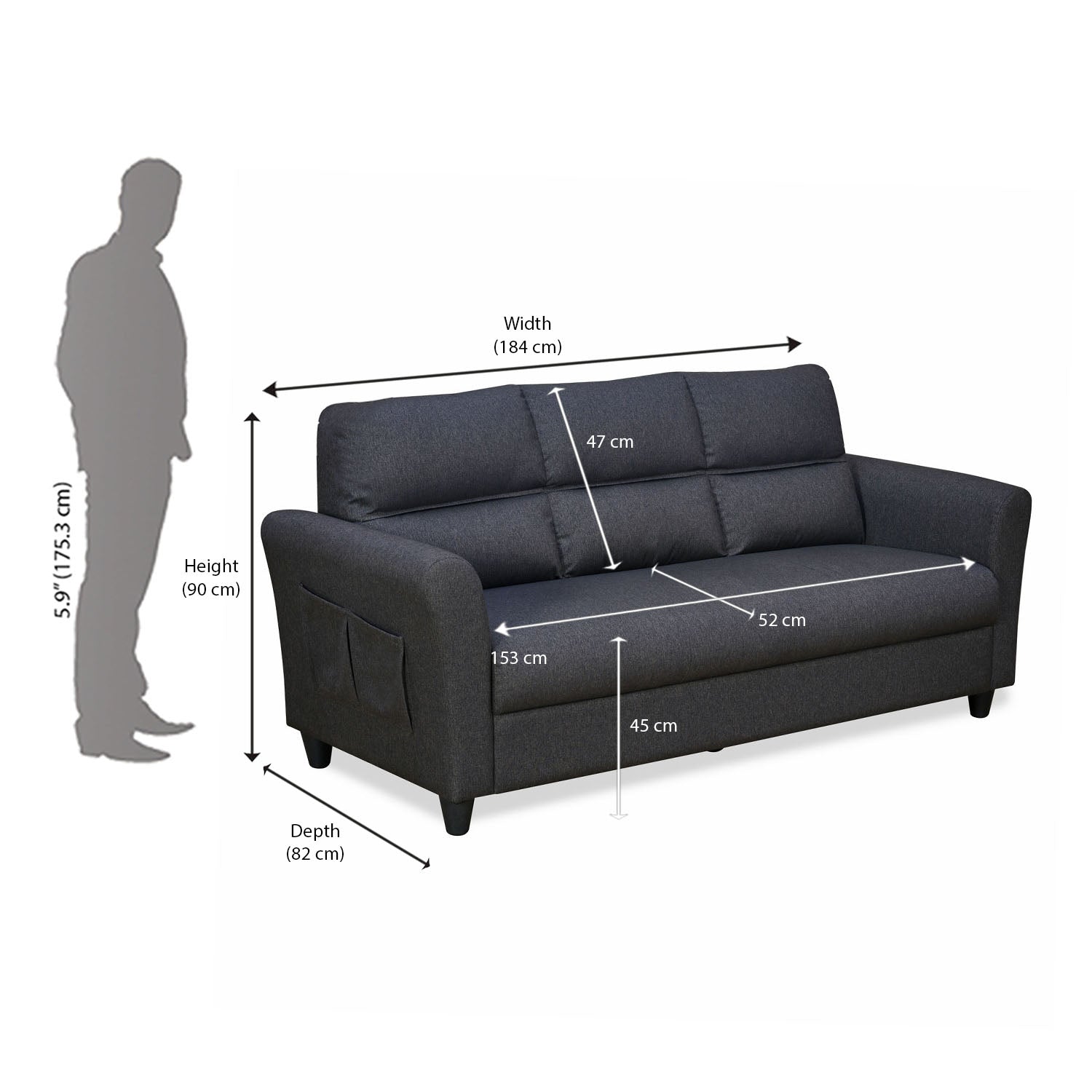 Nilkamal Oliver 3 Seater Fabric Sofa with Side Pocket (Charcoal Brown)