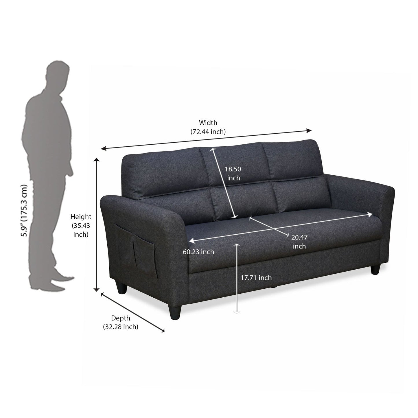 Nilkamal Oliver 3 Seater Fabric Sofa with Side Pocket (Charcoal Brown)