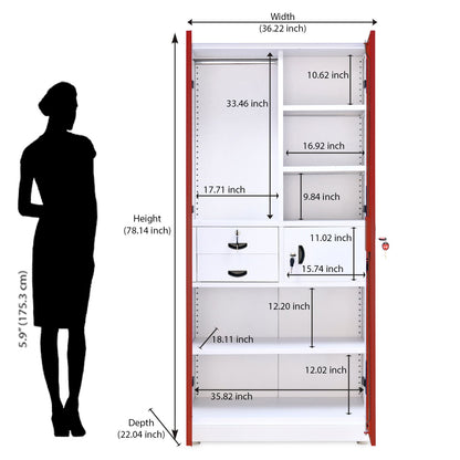 Nilkamal Olympus 2 Door with Mirror  Steel Wardrobe (Cherry Red / White)