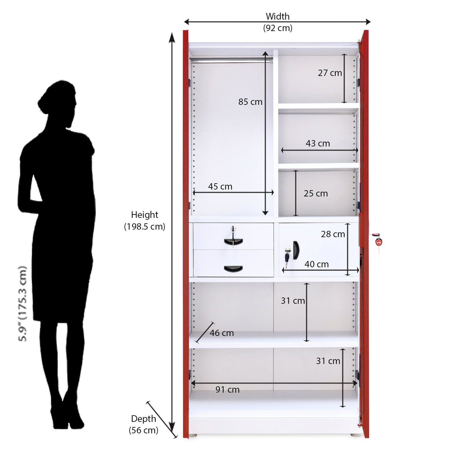 Nilkamal Olympus 2 Door with Mirror  Steel Wardrobe (Cherry Red / White)