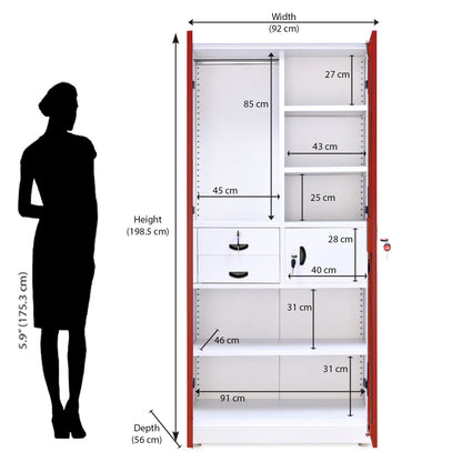 Nilkamal Olympus 2 Door with Mirror  Steel Wardrobe (Cherry Red / White)