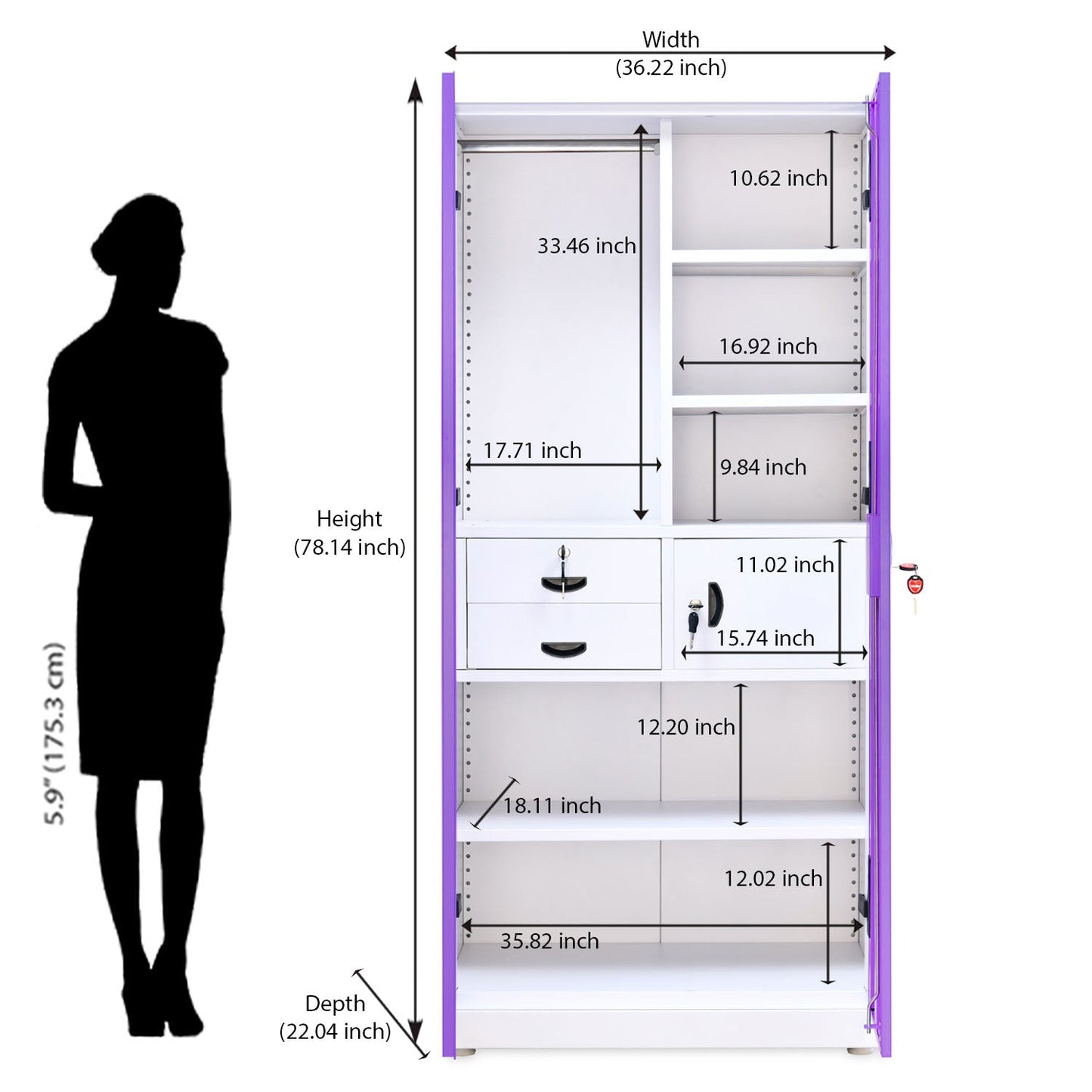 Nilkamal Olympus 2 Door with Mirror  Steel Wardrobe (Voilet / White)