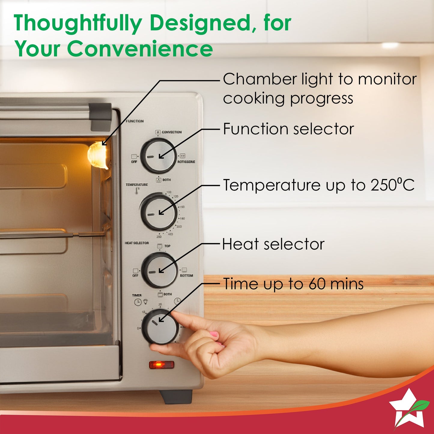 Oven Toaster Griller (OTG) - 60 Litres, Stainless Steel – with Rotisserie, Auto-shut off, heat-resistant tempered glass, 6-stage heat selection