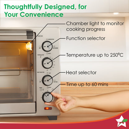 Oven Toaster Griller (OTG) - 60 Litres, Stainless Steel – with Rotisserie, Auto-shut off, heat-resistant tempered glass, 6-stage heat selection