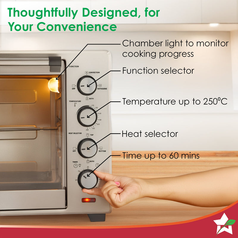 Oven Toaster Griller (OTG) - 60 Litres, Stainless Steel – with Rotisserie, Auto-shut off, heat-resistant tempered glass, 6-stage heat selection