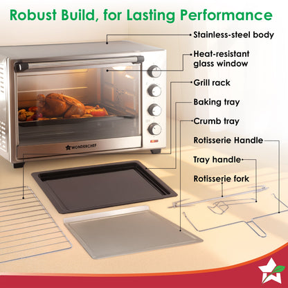 Oven Toaster Griller (OTG) - 60 Litres, Stainless Steel – with Rotisserie, Auto-shut off, heat-resistant tempered glass, 6-stage heat selection