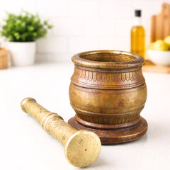 Brass Vintage Mortar Pestle, Okhal Aur Moosal, Brown, 4.5 Inch, 1 Piece