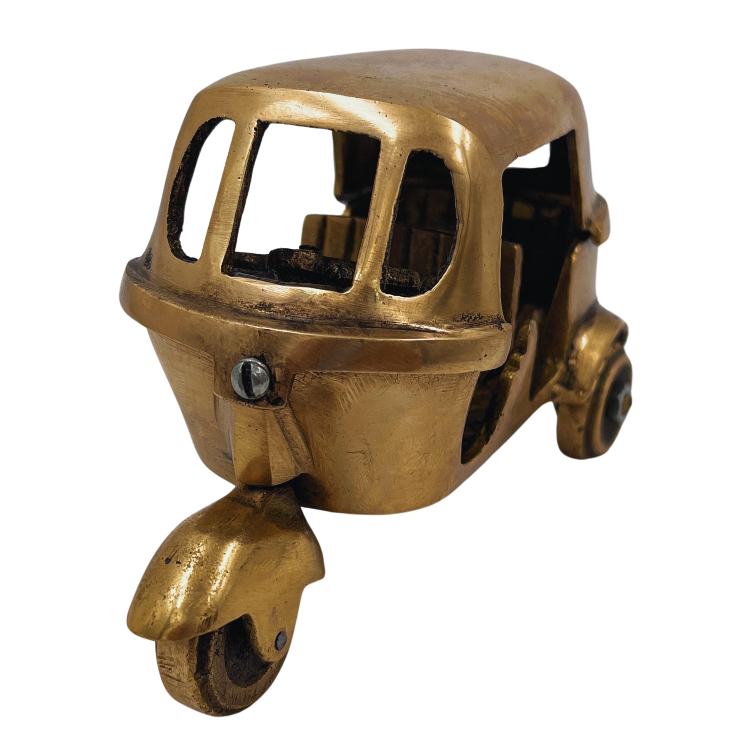 Brass Auto Rickshaw Miniature, Peetal Tuk-Tuk Showpiece, Handcrafted Three-Wheeler Décor, Pittal Decorative Collectible,Gold, 3 Inch, 1 Piece