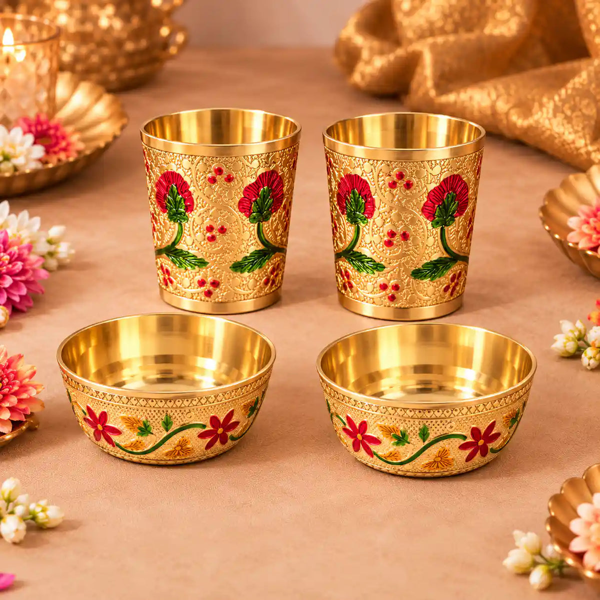 Brass Luxury Gift Hamper with Meenakari Glasses & Bowls