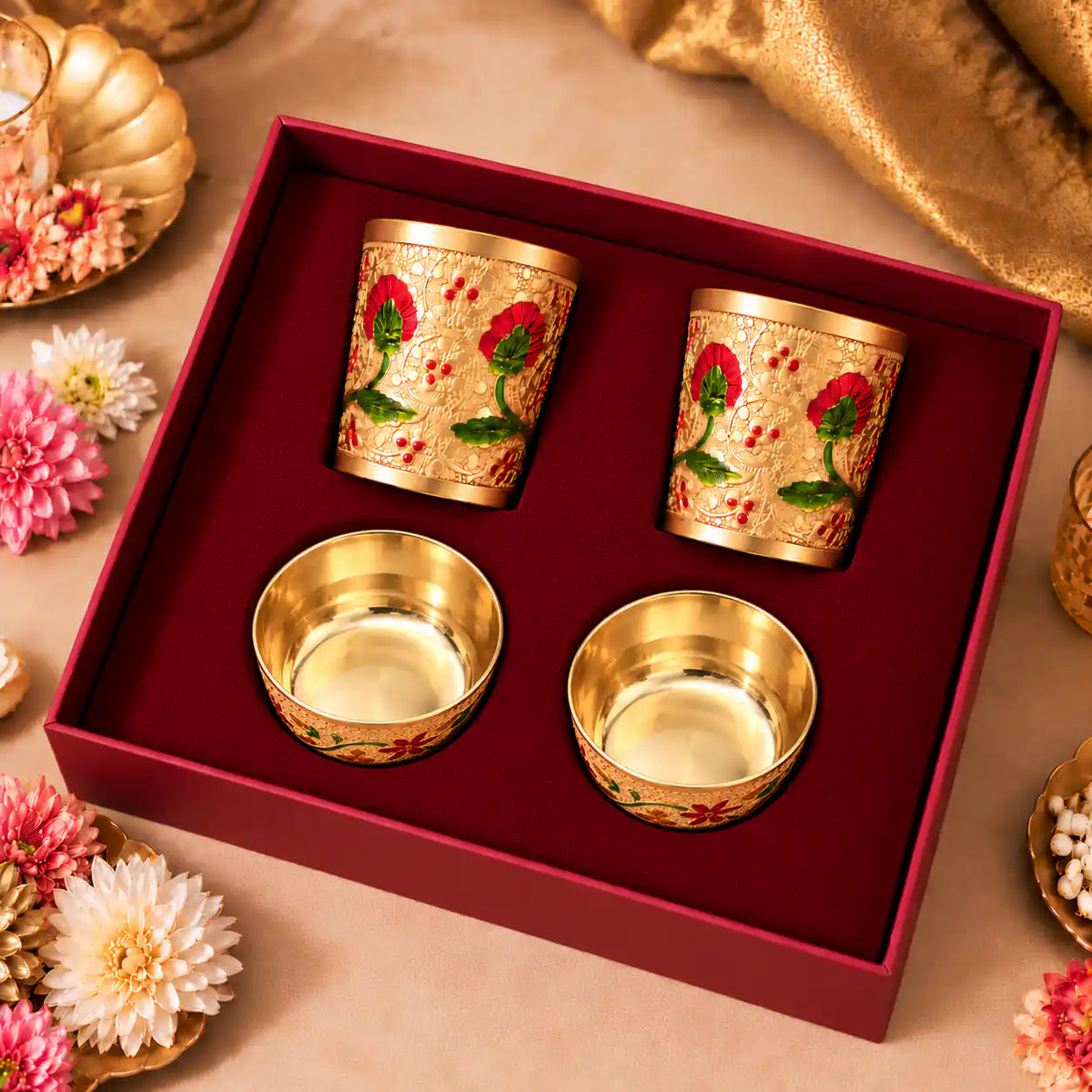 Brass Luxury Gift Hamper with Meenakari Glasses & Bowls
