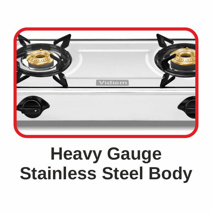 Vidiem Victor Stainless Steel Gas Stove 3 Burner| Brass Burners | Mirror Finish | Large Cooking Space | Anti-Rust | High