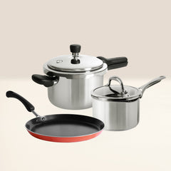 MEYER 3pcs Cookware Set (Presta 3L Pressure Cooker+18cm Straining Saucepan+24cm Flat Tawa)