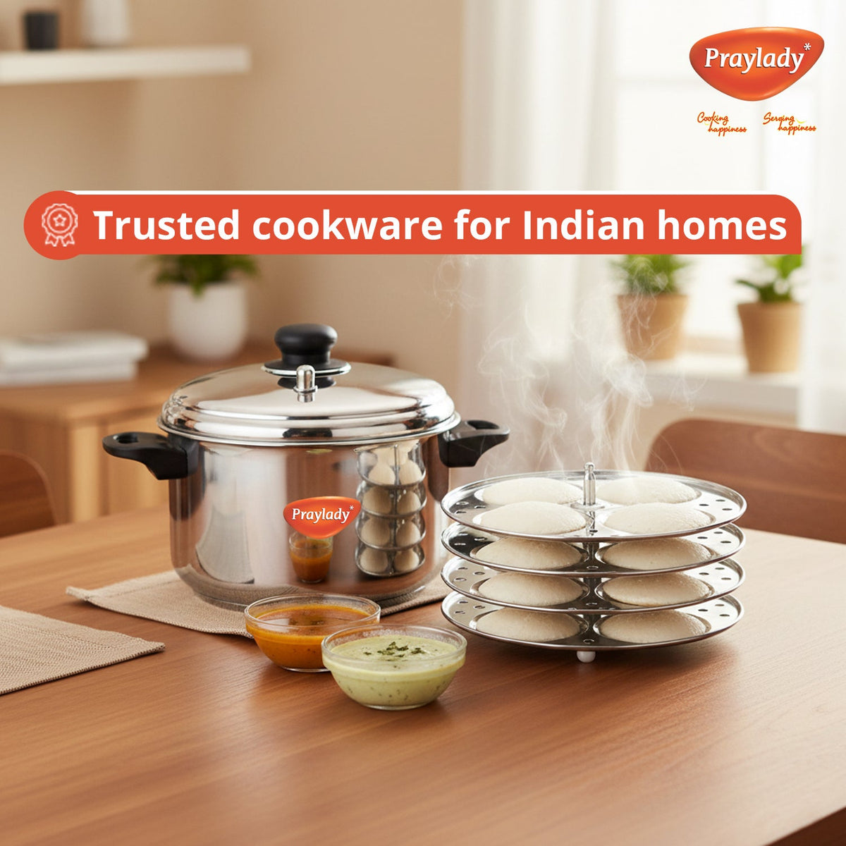 Praylady Elite Stainless Steel Idli Cooker with Sandwich Bottom and Whistle 16 Idli- 4 Plates, Includes Idli Lifter