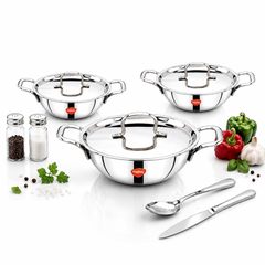 Praylady Triplus+ Triply Stainless Steel Kadai Set with Lid – 22cm, 24cm & 26cm | Induction Base