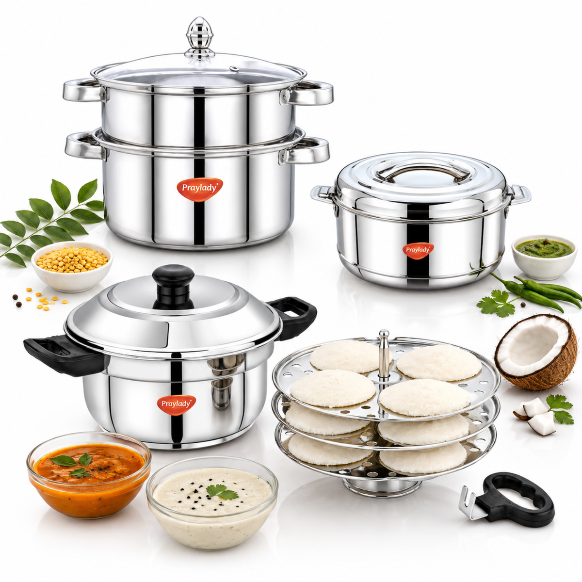 Praylady 3-Ply Stainless Steel Steamer (2-Tier, 22cm) + Regular Hot Pot (1000ml) + Baby Idli Pot (12 Idlies) Combo