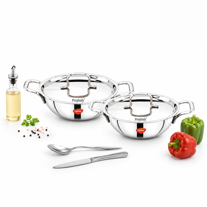 Praylady Triplus+ Triply Stainless Steel Kadai Set with Lid – 22cm & 24cm | Induction Base