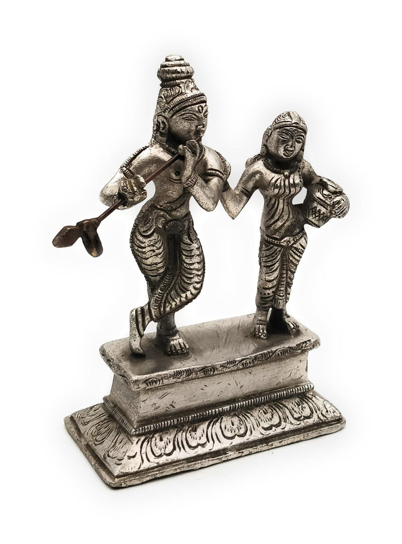 Brass Radha Krishna Idol | Radha Krishna Murti Moorti Vigraha Pratima Statue | Peetal Pital Pittal Divine Couple Sculpture for Home Decor, Pooja Mandir & Wedding Gift, Silver, 5.5 Inch, 1 Piece