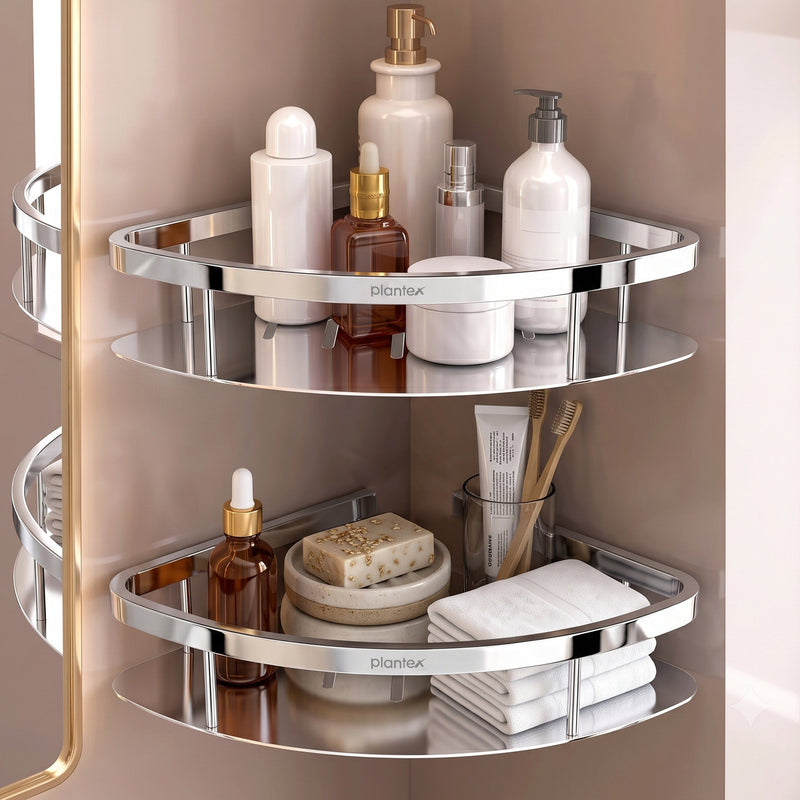 Plantex Bathroom Corner Shelf for Wall Mount/304 Grade Stainless Steel Corner Shelf for Bathroom with Railings/Bathroom Accessories - Pack of 2 (9x9 inches, Chrome)-1
