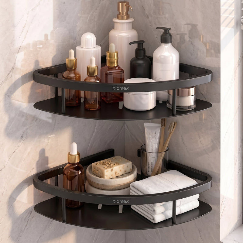 Plantex Bathroom Corner Shelf for Wall Mount/304 Grade Stainless Steel Corner Shelf for Bathroom with Railings/Bathroom Accessories - Pack of 2 (9x9 inches, Black)-1