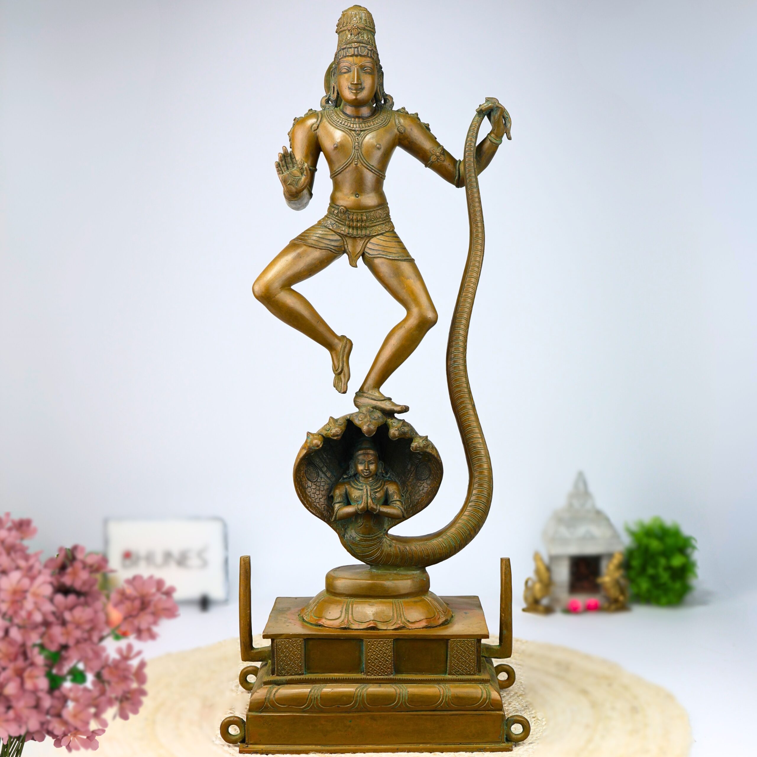 Panchaloha Krishna Standing on Kaliya Nag Idol, Bronze Gopal Murti, Shesnag Krishna Vigaraham for Pooja, Home Decor, Temple Sculpture, Brown, 26.5 Inch, 1 Piece