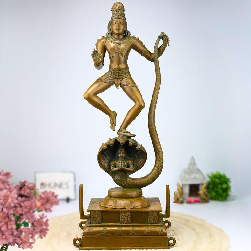 Panchaloha Krishna Standing on Kaliya Nag Idol, Bronze Gopal Murti, Shesnag Krishna Vigaraham for Pooja, Home Decor, Temple Sculpture, Brown, 26.5 Inch, 1 Piece