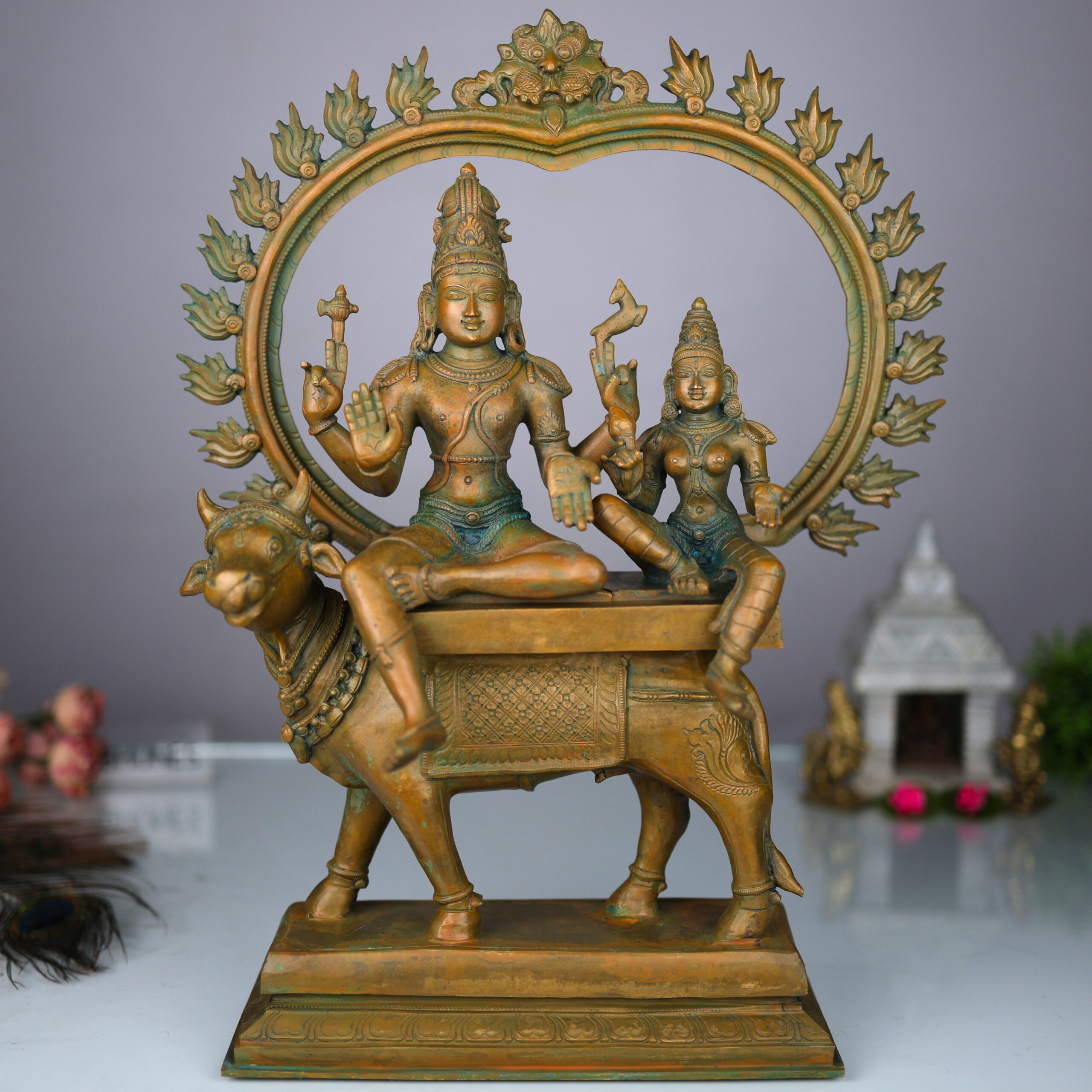 Panchaloha Shiva Parvati on Nandi – Exquisite Handmade Panchaloha Bronze Idol, Home Decor, Brown, 17.5 Inch, 1 Piece